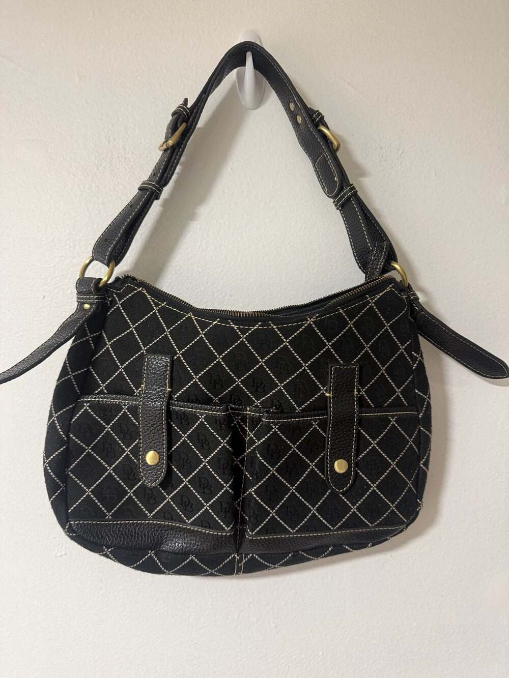 Dooney & Bourke Black Monogram Quilted Canvas Shoulder Bag with Leather Trim
